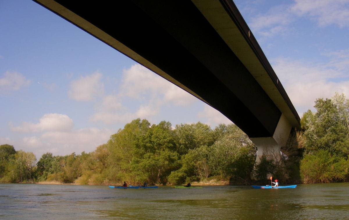 grup de gent passant en piragua per sota el pont de l'Illa de Gràcia